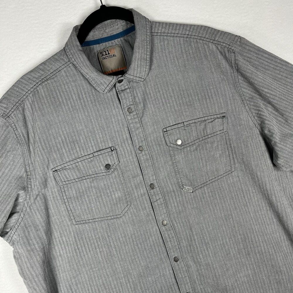 5.11 Tactical Shirt Men Extra Large XL Gray Stripe Short Sleeve Snap Button Up